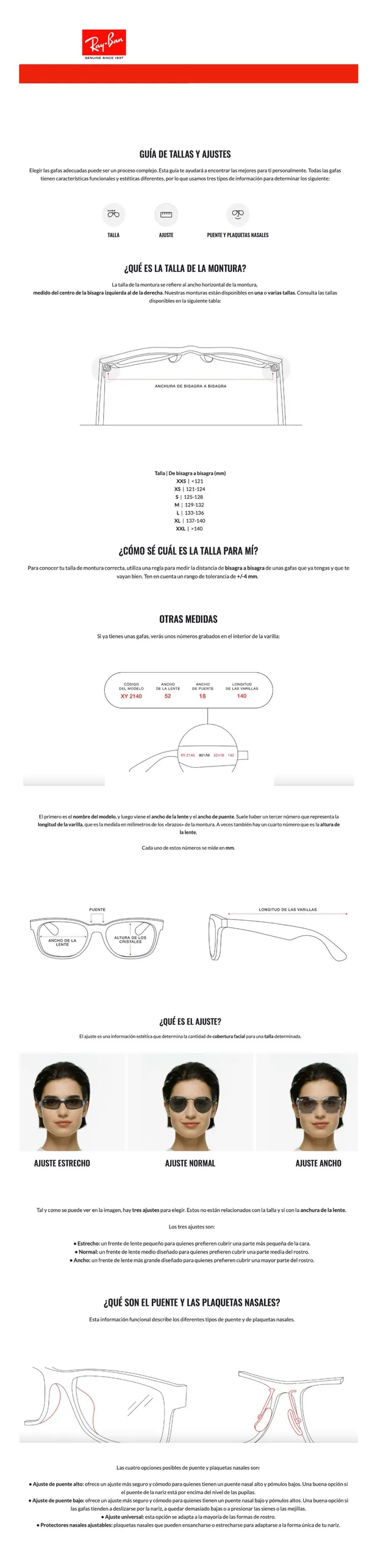 Guía de talles de anteojos Ray-Ban: medidas de calibre, puente y largo de patilla